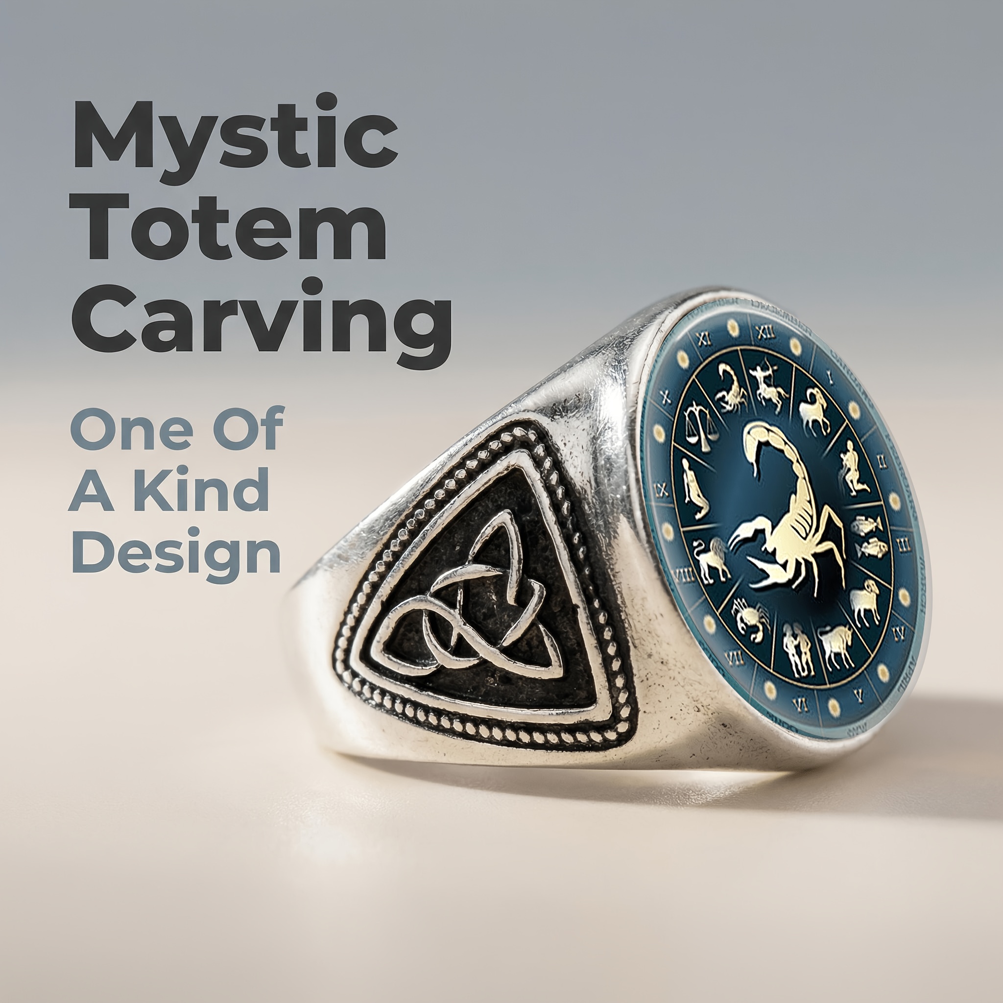 Classic Carved Open Ring with Zodiac Signs and Scorpion Center